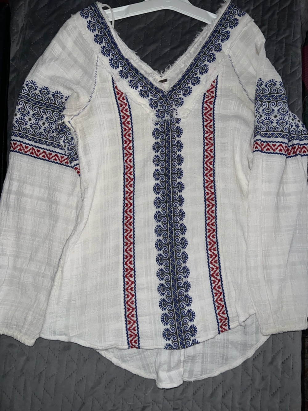 Free People Red & Blur Embroidered Tunic White Women's Top Cotton Gauze Boho FP